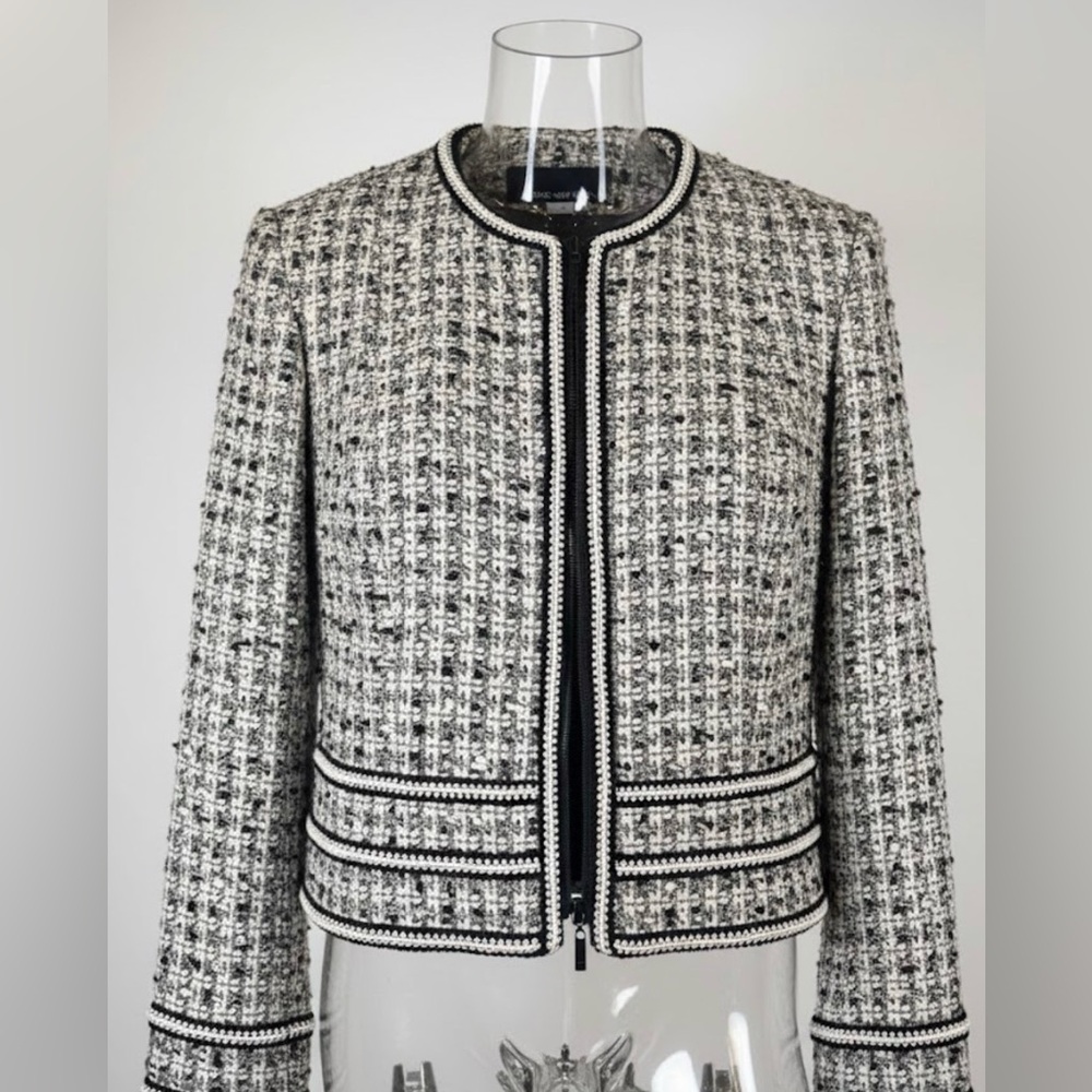 Jones New York Tweed Knit Jacket Black & White zippered Blazer  Size 10 Crop